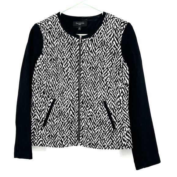 Talbots Size 4 Petite Jacket Black & White Zig Zag Zip Up Workwear Business - Picture 1 of 4